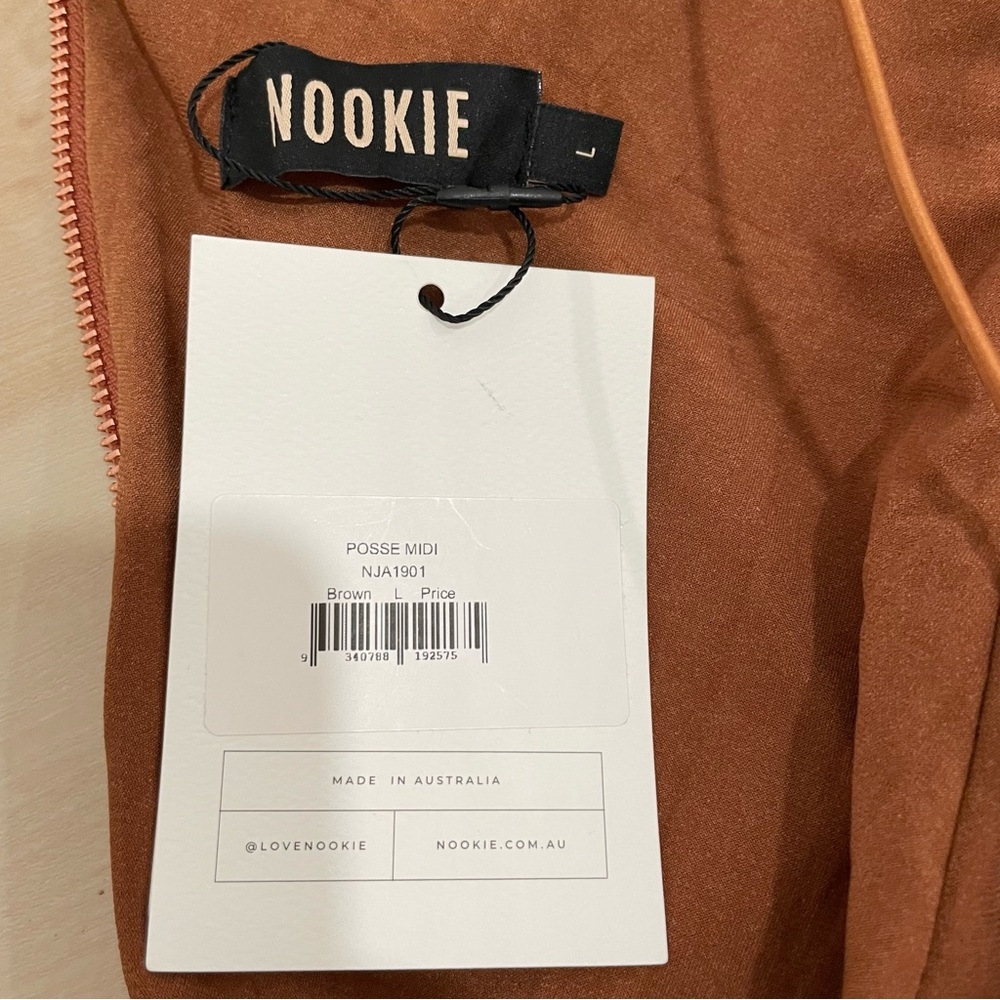 NWT Nookie Posse x Revolve Women 8 Large Midi Dress Faux Leather Brown Tan Flaw - Picture 11 of 16